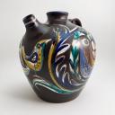 Vintage signed large ceramic jug painted with colored birds_1