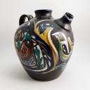 Vintage signed large ceramic jug painted with colored birds_2