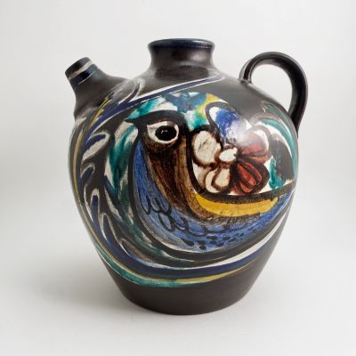 Vintage signed large ceramic jug painted with colored birds_0