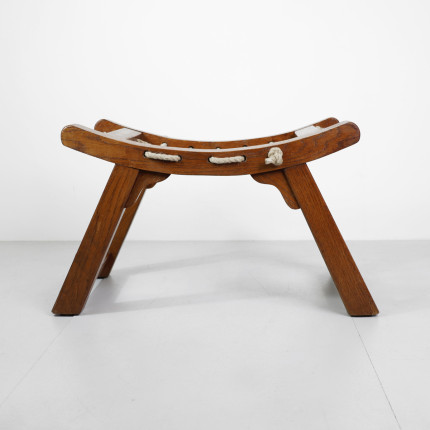 French brutalist wooden and rope stool, circa 1970
