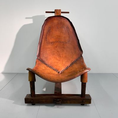 Vintage spanish brutalist shepherd wood and leather chair_0