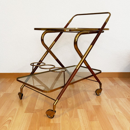 Vintage designer Cesare Lacca wooden and glass tea trolley, Italy 60s
